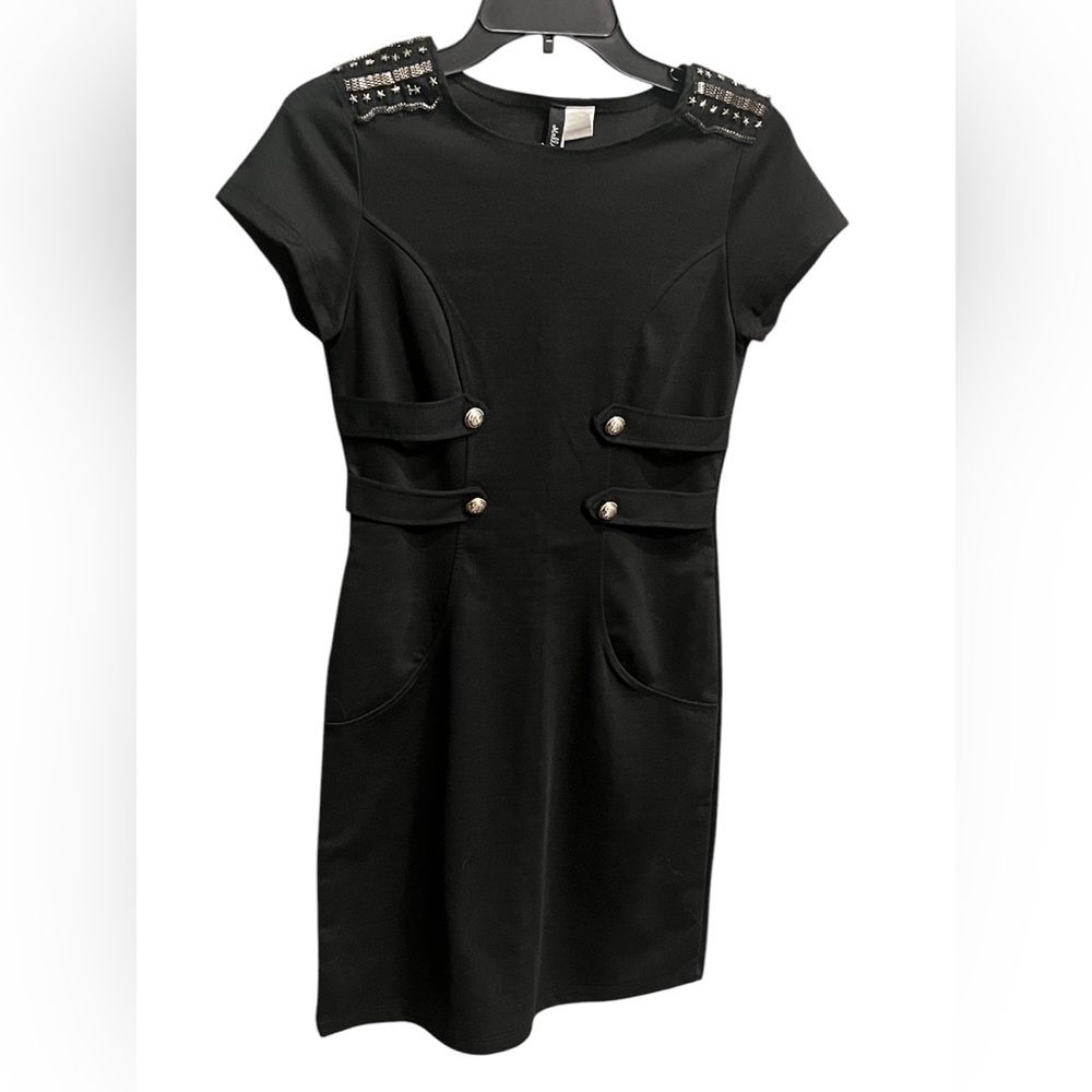 Black Dress with silver buttons and star embroidered design details